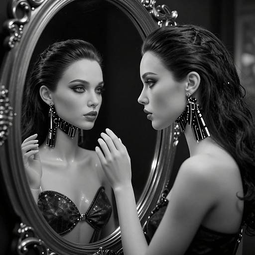 Black-and-white photograph of a woman with wet, dark hair, wearing a sequined strapless top and large tassel earrings, gazing into an