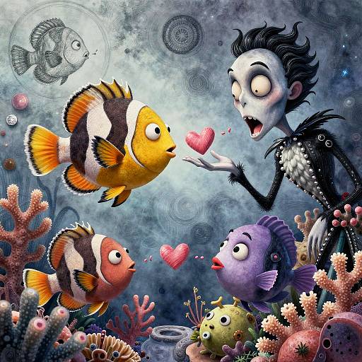 Digital illustration of a spooky underwater scene: a skeletal figure with black hair, wide eyes, and a black dress offers a pink heart to three colorful clown