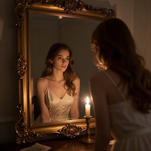 Photograph of a young woman with long brown hair, wearing a white satin nightgown, standing before an ornate gold-framed mirror, illuminated