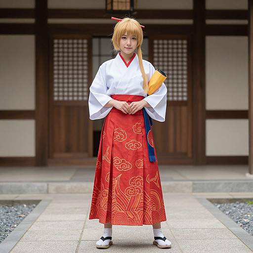 Young girl in traditional Japanese kimono, white top, red hakama with orange patterns, standing in front of wooden shoji doors.