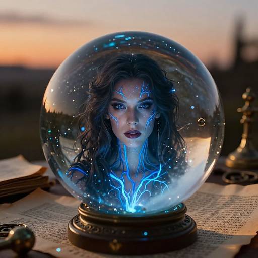 Photorealistic digital artwork of a glowing blue-haired woman with ethereal light patterns, inside a snow globe on an evening table.