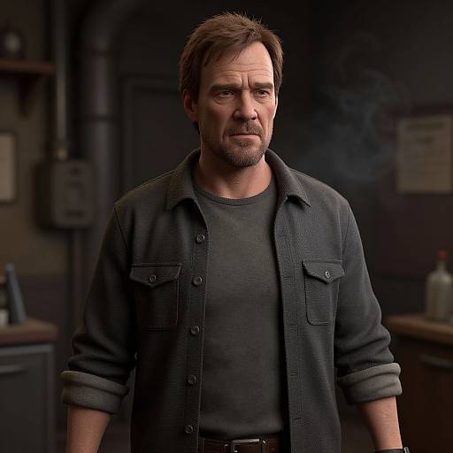 Photorealistic CGI of a middle-aged man with short brown hair and beard, wearing a dark blue shirt over a gray t-shirt, standing in a