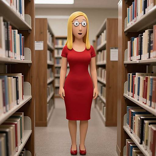 Digital cartoon of a blonde woman with large eyes in a red dress and matching shoes, standing in a library aisle with bookshelves on both sides.