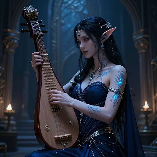 Digital fantasy artwork of a pale-skinned, tattooed elf woman with long black hair, pointed ears, and a black, ornate dress, playing