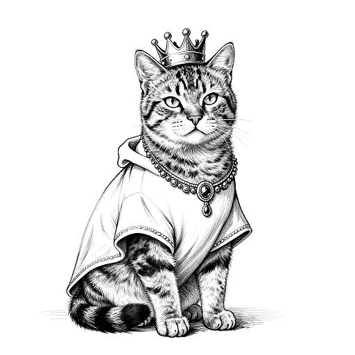 Black-and-white ink drawing of a regal cat wearing a crown, cape, and necklace, sitting upright with a dignified expression.