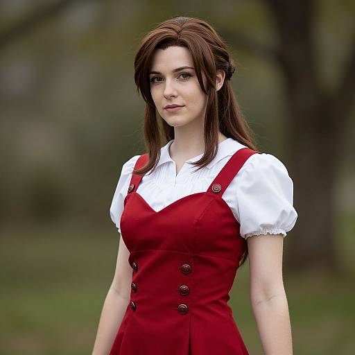Photorealistic CGI of a young woman with fair skin, brown hair, wearing a red pinafore dress over a white blouse, standing in a