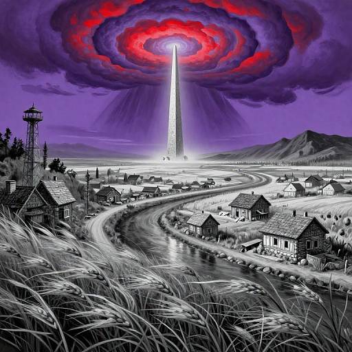 Digital art: surreal village landscape with winding road, houses, and tall spire; vibrant red and purple cloud vortex above; ominous, mystical atmosphere.
