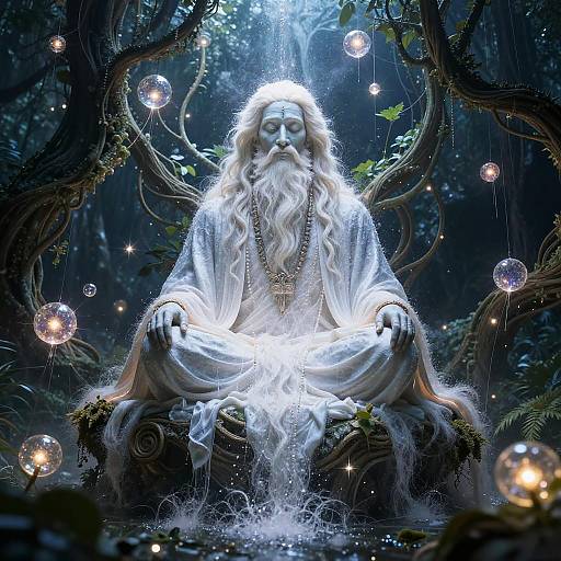 Digital artwork of a wise, white-bearded, ethereal figure with glowing aura, sitting meditatively on a moss-covered rock, surrounded by floating