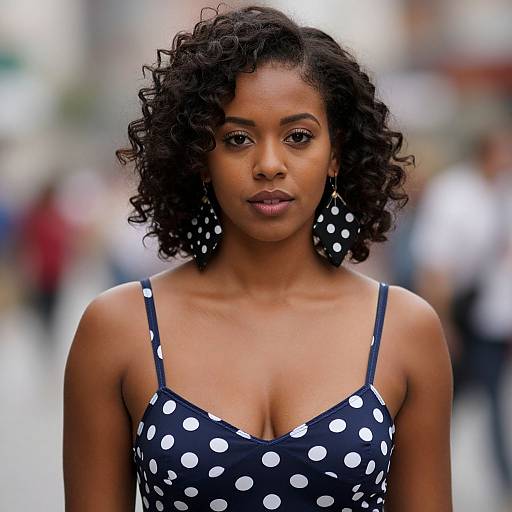 Photograph of a young Black woman with curly hair, wearing a blue polka dot dress and large black earrings, standing in a blurred urban street.
