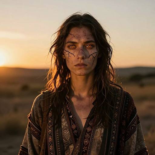 Photograph of a weary, dirty woman with cracked, mud-streaked face, long wet hair, wearing a patterned, worn-out shirt,