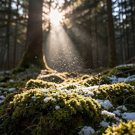 Sunlit Snowy Forest with Moss
