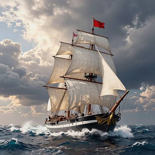Photograph of a majestic, three-masted sailing ship with white sails and red flag, cutting through choppy waves under a dramatic, cloudy sky.