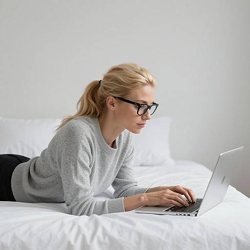 Blonde Woman Working on Laptop in Bed
