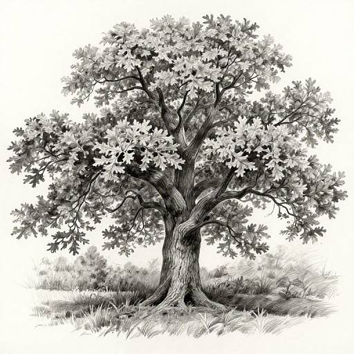 Detailed black-and-white pencil drawing of a large, leafy tree with a thick, textured trunk and expansive branches, standing in grassy ground.