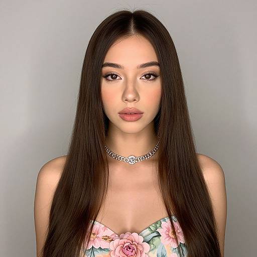 Photorealistic portrait of a young woman with long, straight, dark brown hair, floral dress, silver chain necklace, and neutral expression.