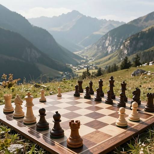 Photograph of a chessboard with black and white pieces on a grassy mountain top, overlooking a valley and distant mountains.