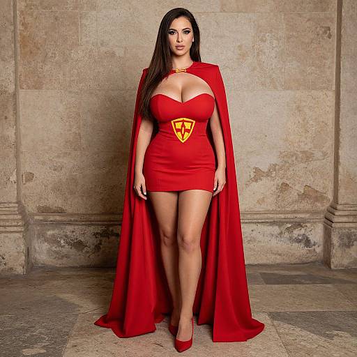 Confident Woman in Red Dress and Cape