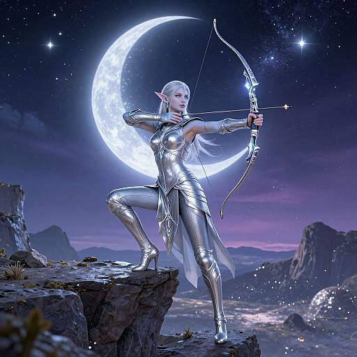 Ethereal elf archer in shiny silver armor stands on rocky cliff under glowing crescent moon, drawing bow in starry night sky. Digital art