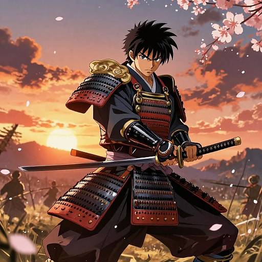 Anime-style drawing of a fierce samurai with black hair, blue eyes, and red armor, holding a sword at sunset, cherry blossoms in the