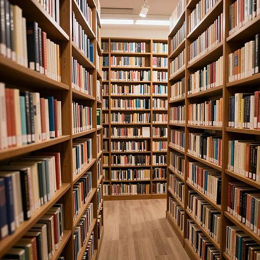 Photograph of a narrow, well-lit library aisle with tall wooden bookshelves filled with colorful books on both sides.