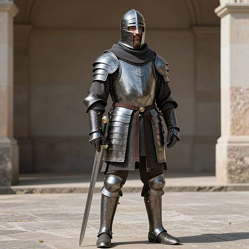 Photorealistic CGI of a medieval knight in shiny black armor, helmet, and chainmail, standing with a sword, in a sunlit stone courtyard