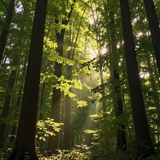 Photograph of a sunlit forest with tall, dark trees and bright green leaves. Sunbeams filter through the foliage, creating a serene, eth