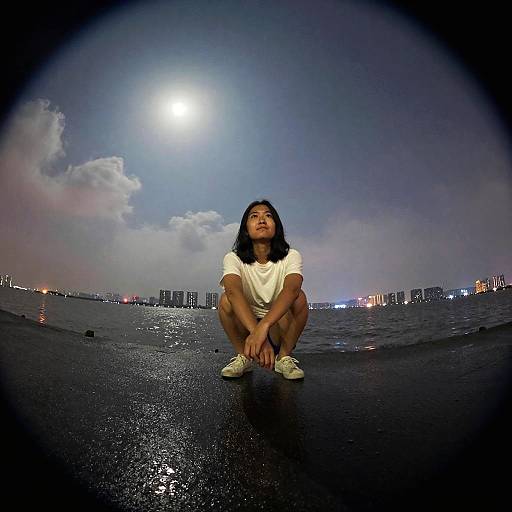 Young Woman Squatting by Waterfront at Night