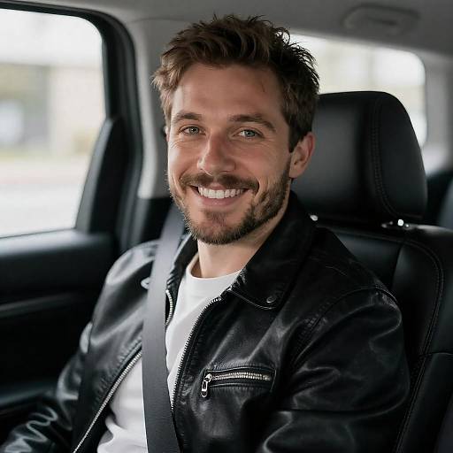 Smiling Man in Car with Leather Jacket