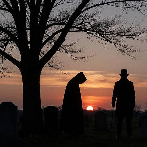 Mysterious Figures in Sunset Graveyard