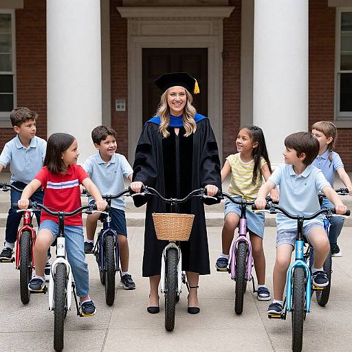 Photograph of a smiling woman in a black graduation gown with blue trim, leading six laughing children on bicycles in front of a brick building with white columns