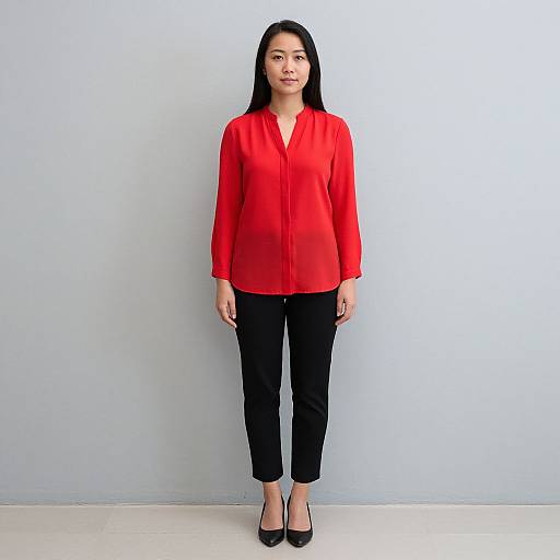 Photograph of an East Asian woman with long black hair, wearing a bright red blouse, black pants, and black heels, standing against a plain light