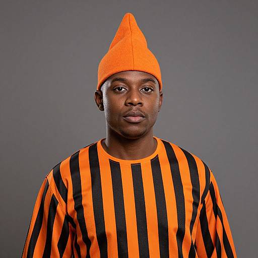 Photograph of a serious Black man wearing an orange, pointed hat and striped orange and black shirt against a gray background.