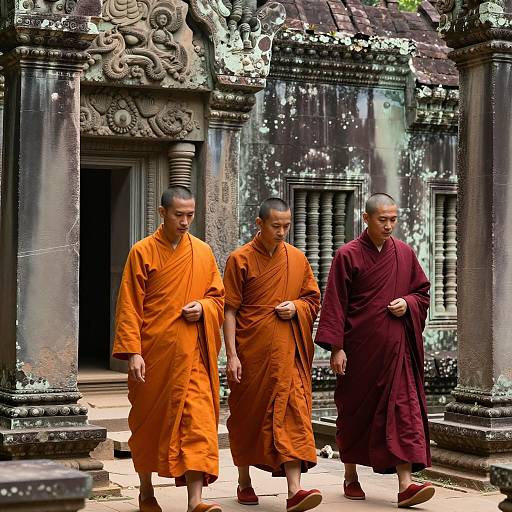 Monks in Ancient Temple Ruins