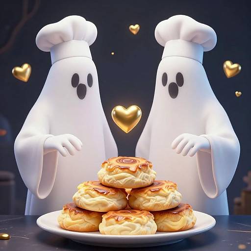 Digital artwork of two white ghost chefs with black eyes, standing behind a plate of golden pastries, surrounded by floating gold hearts.