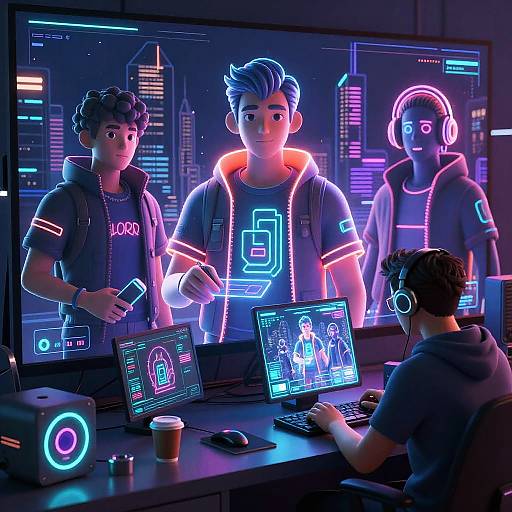 Neon-lit cyber cafe: four young men with glowing neon accents, futuristic city backdrop, one typing on laptop, another holding tablet, third in