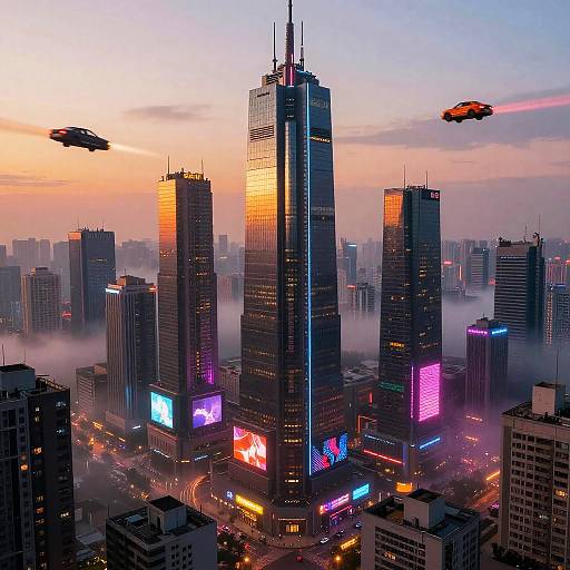 Futuristic Cyberpunk Cityscape at Sunset