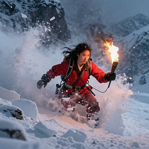 Photograph of an Asian woman with long black hair, wearing a red jacket and black gloves, holding a flaming torch, running through snowy mountains, creating