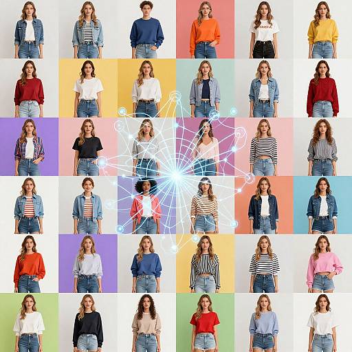Photograph of 25 women in colorful backgrounds, wearing various casual outfits with denim jeans, standing in a 5x5 grid layout. Central woman
