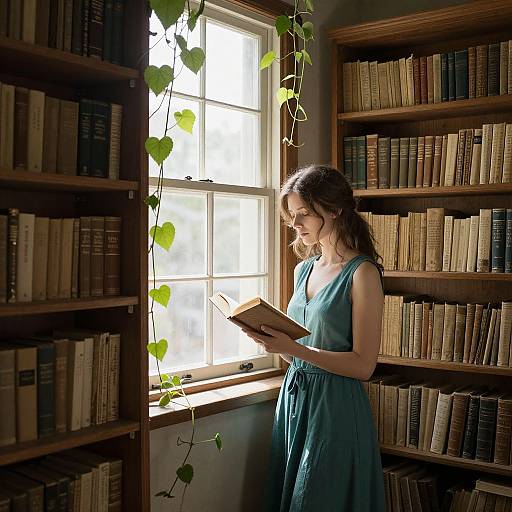 Photograph of a pregnant woman in a blue dress, reading a book by a sunlit window, surrounded by bookshelves.