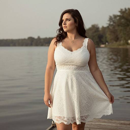 Photograph of a curvy woman with long black hair in a white lace dress, standing by a calm lake with trees in the background.