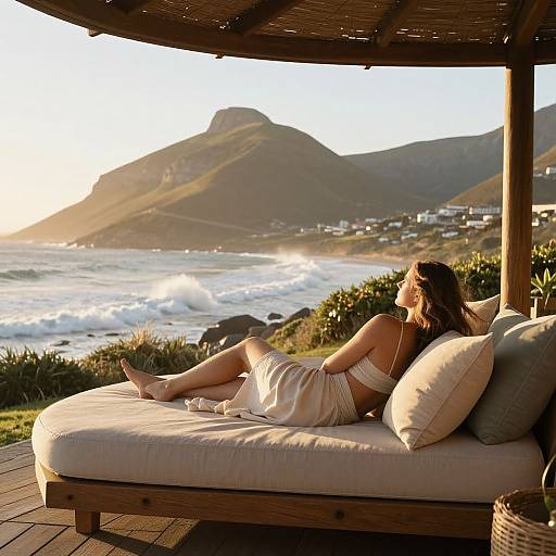 Photograph of a woman with long brown hair, in a white bikini, relaxing on a cushioned outdoor lounge, overlooking a sunny coastal landscape with waves