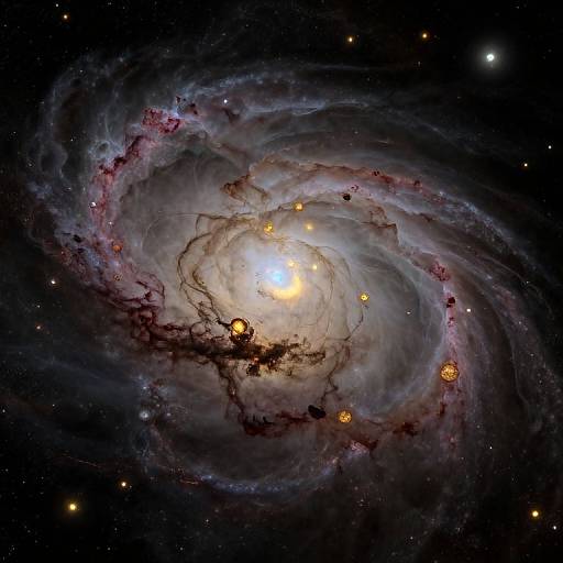 Photograph of the Whirlpool Galaxy (M51) with swirling blue, white, and purple clouds, bright yellow and red star clusters, and