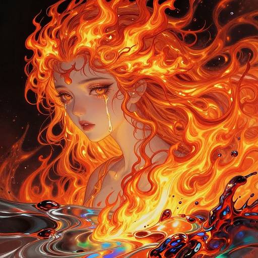 Digital artwork of a crying woman with fiery orange and yellow hair, tears streaming down her face, surrounded by flames and dark water.