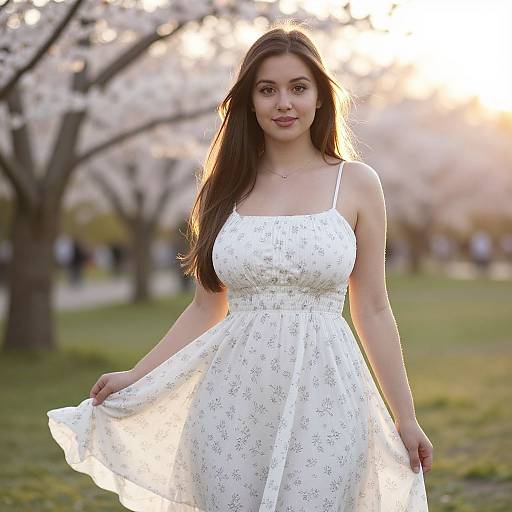 Photograph of a young woman with long brown hair, wearing a white, floral-patterned, sleeveless dress, standing in a sunlit park with