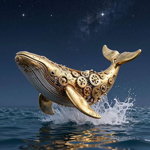 Photorealistic CGI of a golden, gear-covered humpback whale leaping out of dark blue ocean water under a starry night sky.