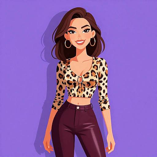 Digital illustration of a smiling woman with medium skin tone, brown hair, wearing a leopard-print crop top and black high-waisted pants, against a