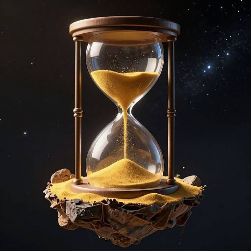 Photograph of an illuminated hourglass with golden sand, floating on a crumpled rock against a starry black background.