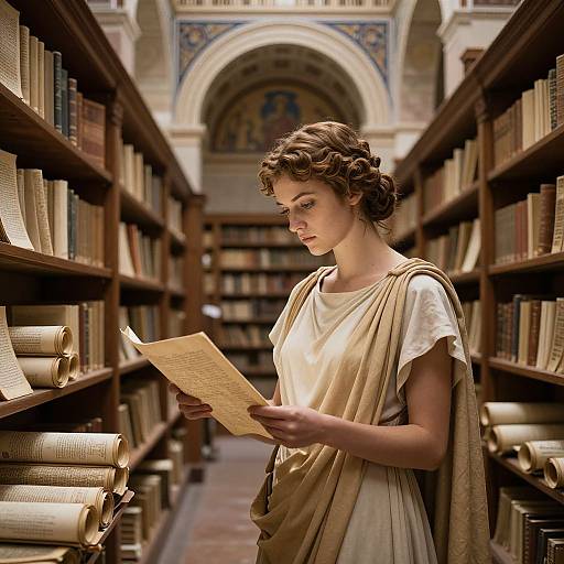 Photograph of a curly-haired woman in a white toga-like dress, reading parchment in a dimly lit, ancient library with tall wooden booksh