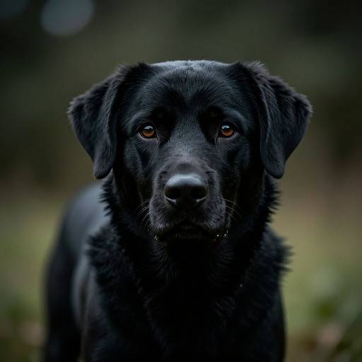 Photograph of a solemn black Labrador Retriever with expressive brown eyes, standing in a blurred, green outdoor background.
