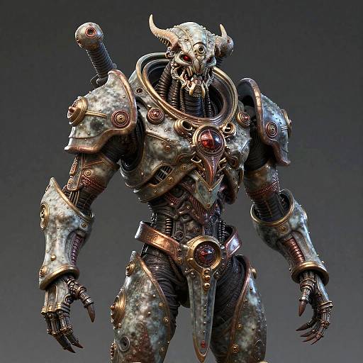 CGI sci-fi demon robot with metallic armor, horns, glowing red eyes, and a sword on its back, standing against a dark gradient background.